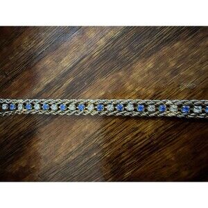 Vintage Gold Tone Blue Silver Rhinestones Link Bracelet